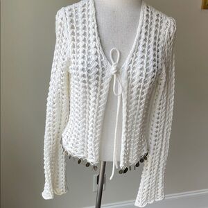 Elegant White Crochet Cardigan with Tie-Front